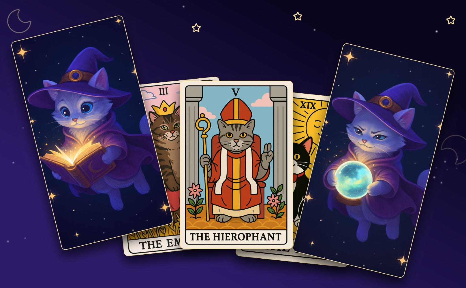 Five illustrated cat tarot cards fanned across a purple night sky.