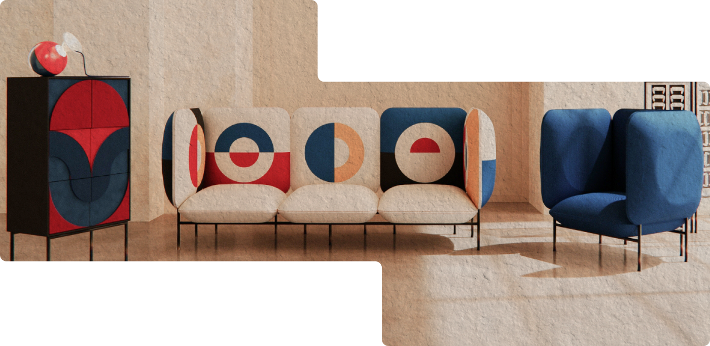 Formiture collection — a patterned felt cabinet, a modular sofa and blue lounge chairs