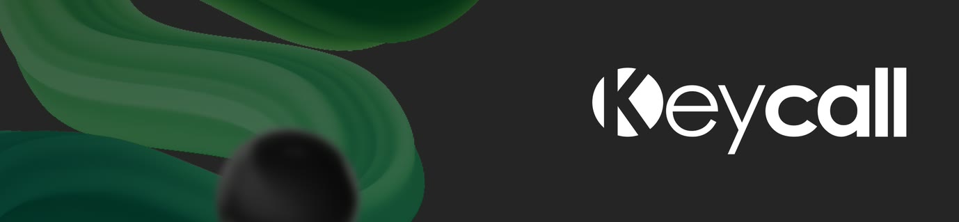 Keycall — The mark reversed out of near-black, the same ribbon carrying the sphere across it