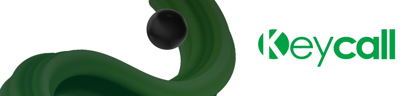 Keycall — The mark on white — the K cut from a circle, the ribbon running behind it, one sphere resting in the curve