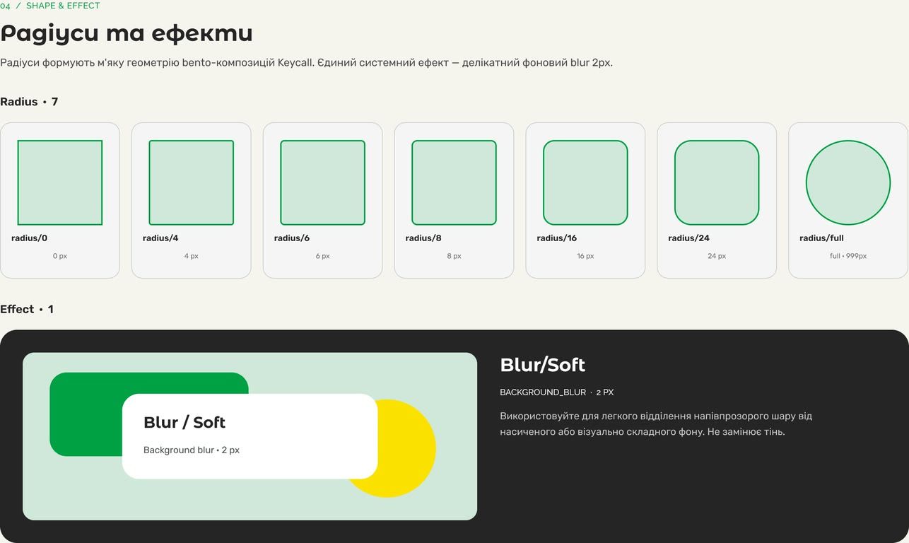 Keycall — Shape and effect — 7 radii, then the system’s only effect, a 2px background blur