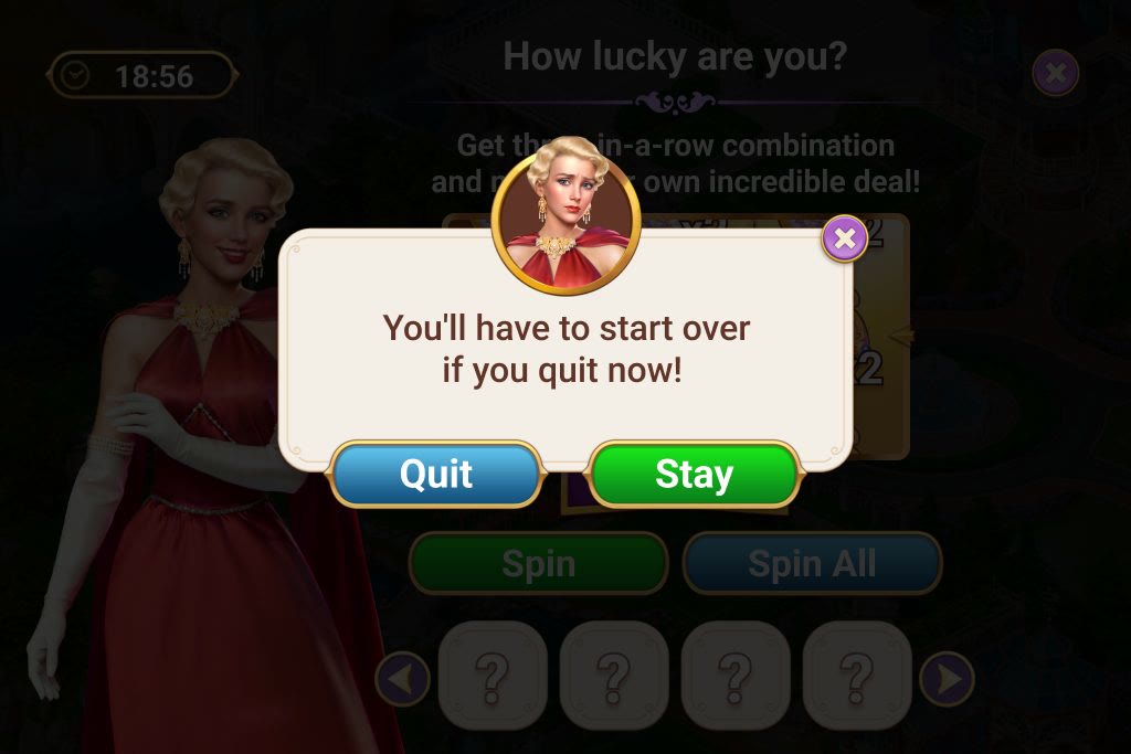 Playable Offers — A slot-game quit dialogue — the run will have to be started over if it is abandoned