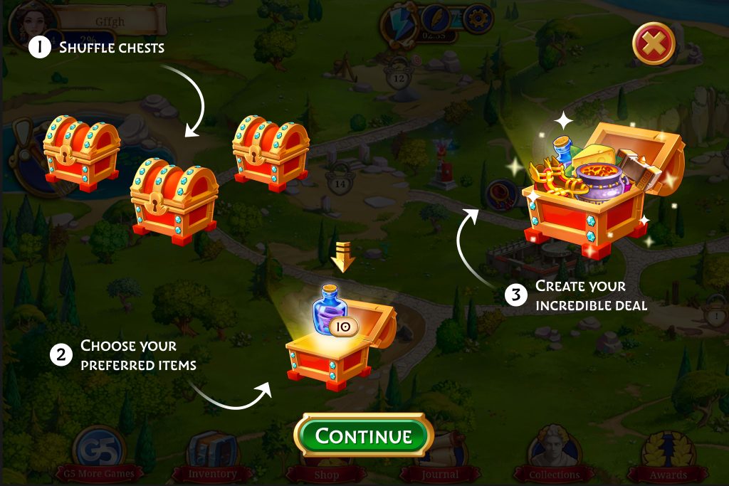 Playable Offers — Numbered steps on the map — shuffle the chests, choose items, build the deal