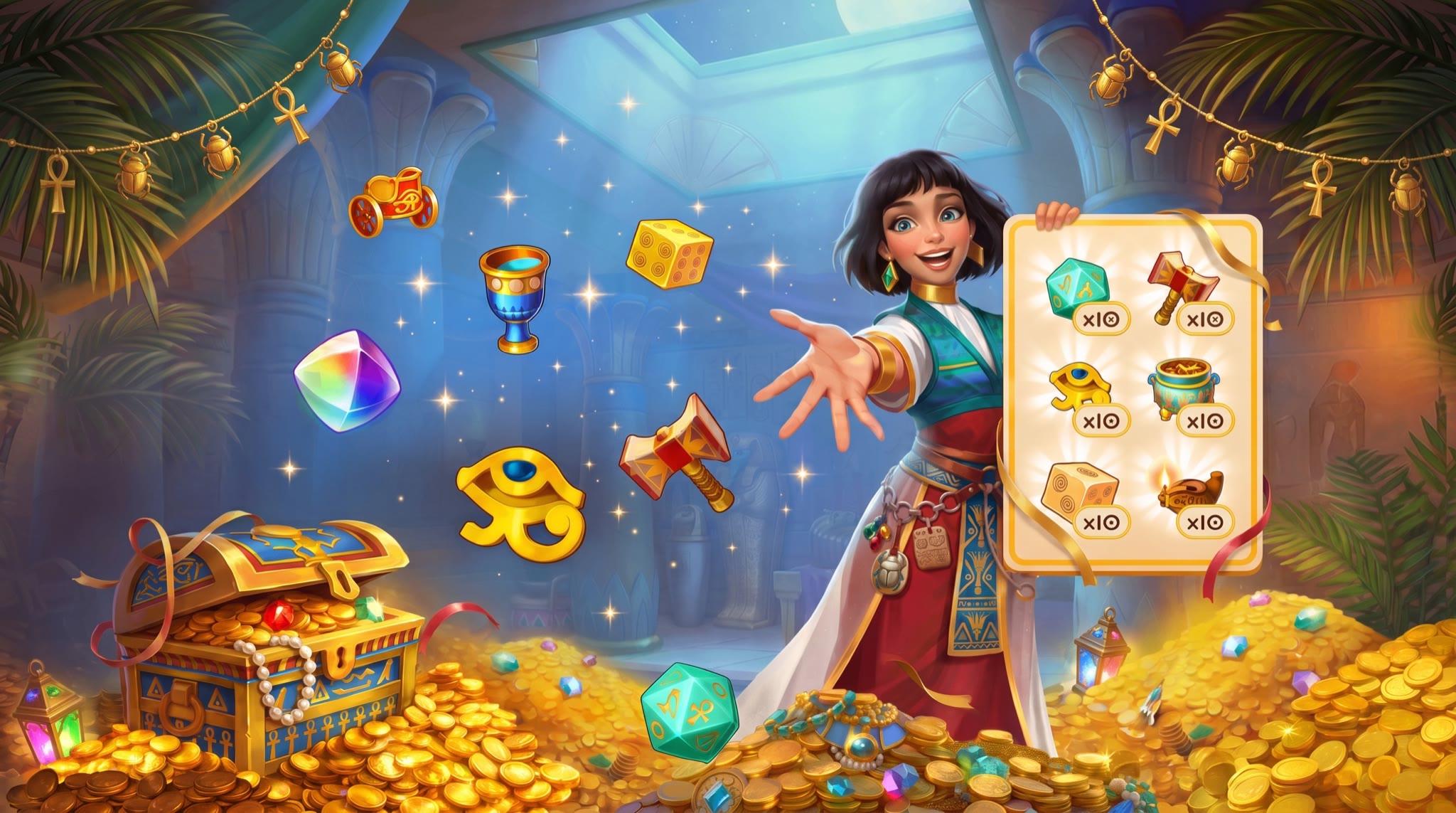 A narrator holding an offer card above an Egyptian-themed hoard of gold.