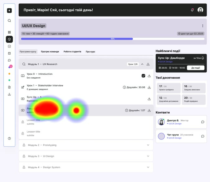 Scale — Heatmap — dashboard, indirect path, 83.8% misclick rate, clicks massed on the navigation rail
