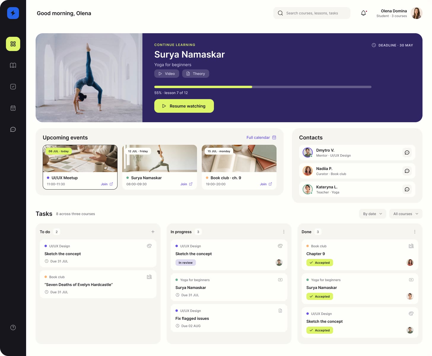 Scale dashboard with a lesson to resume, live sessions and tasks across three courses.