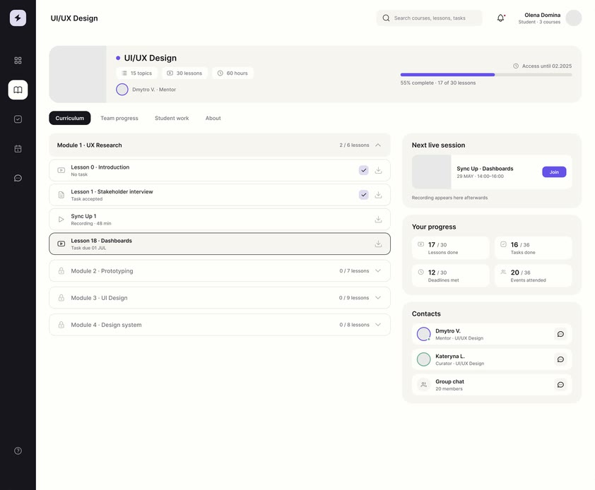 Scale — Wireframe — the course page, curriculum expanded