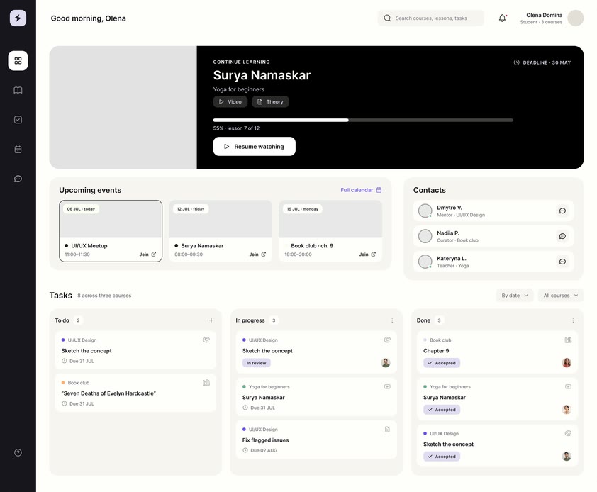Scale — Wireframe — the dashboard, the lesson to resume above upcoming events and a task board split into to do, in progress and done