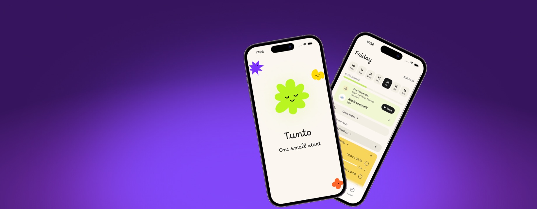 Two tilted phones showing Tunto’s launch screen and Friday planner on a violet gradient.